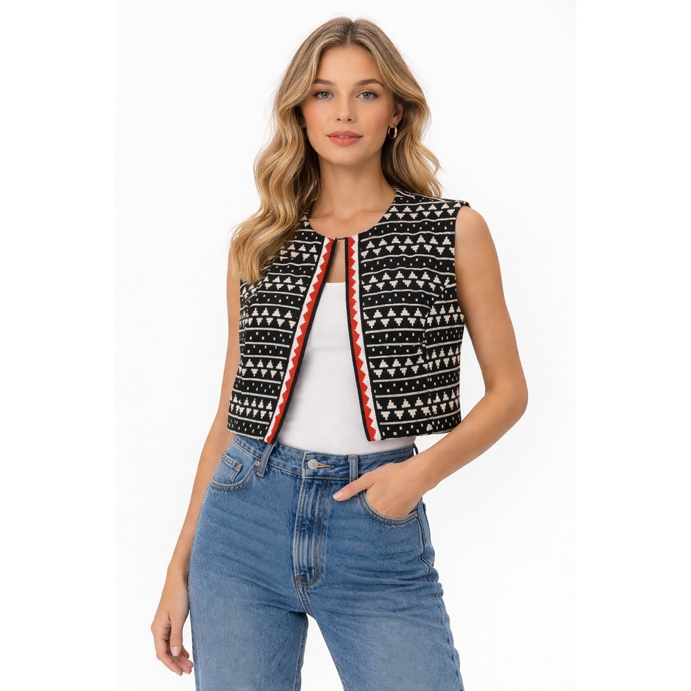 Vintage R&K Originals B Altman & Co Black White Geometric Cropped Vest Red‎ Trim